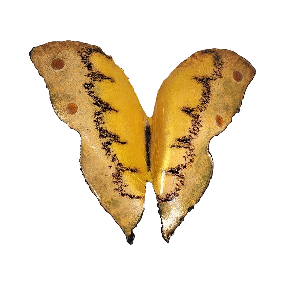 Vintage Enameled Copper Butterfly Wall Art Yellow Gold Mid Century Modern 7 Inch